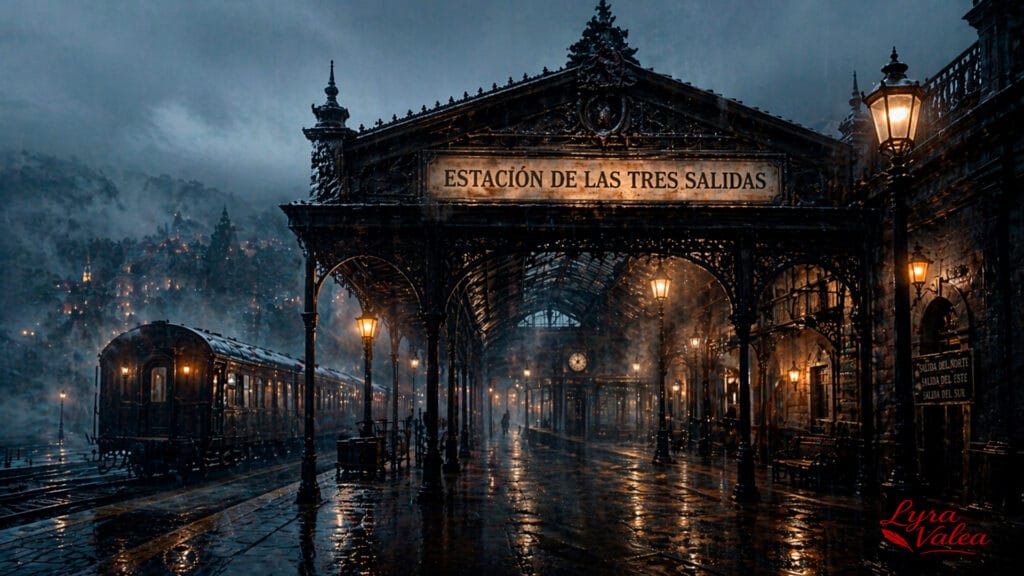 Estación de tren antigua iluminada por faroles bajo la lluvia, con un tren detenido y el rótulo “Estación de las Tres Salidas”.