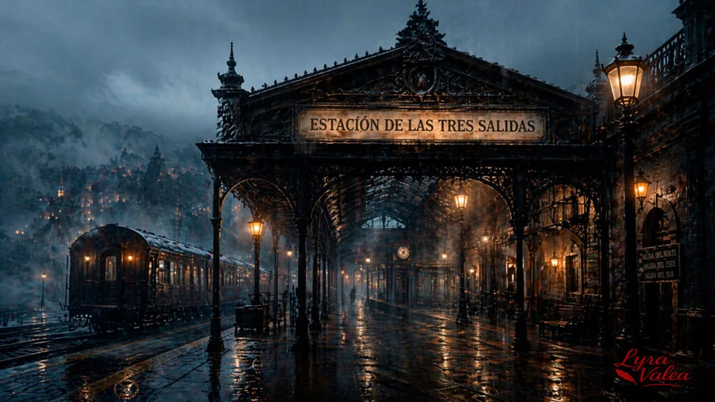 Estación de tren antigua iluminada por faroles bajo la lluvia, con un tren detenido y el rótulo “Estación de las Tres Salidas”.