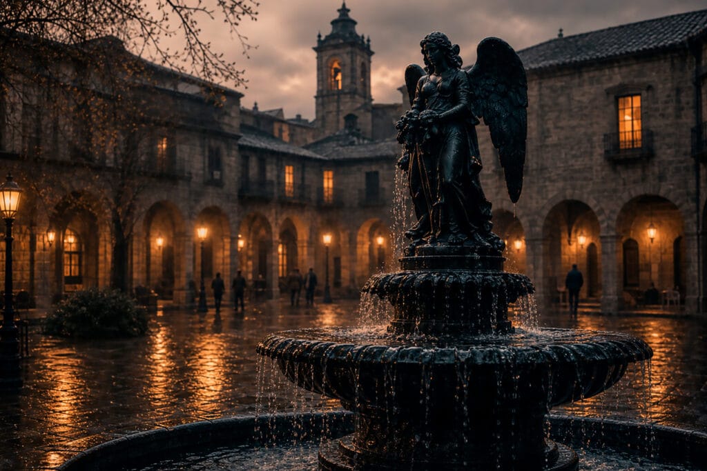 Fuente gótica con figura alada en una plaza lluviosa de Valdombra iluminada por faroles